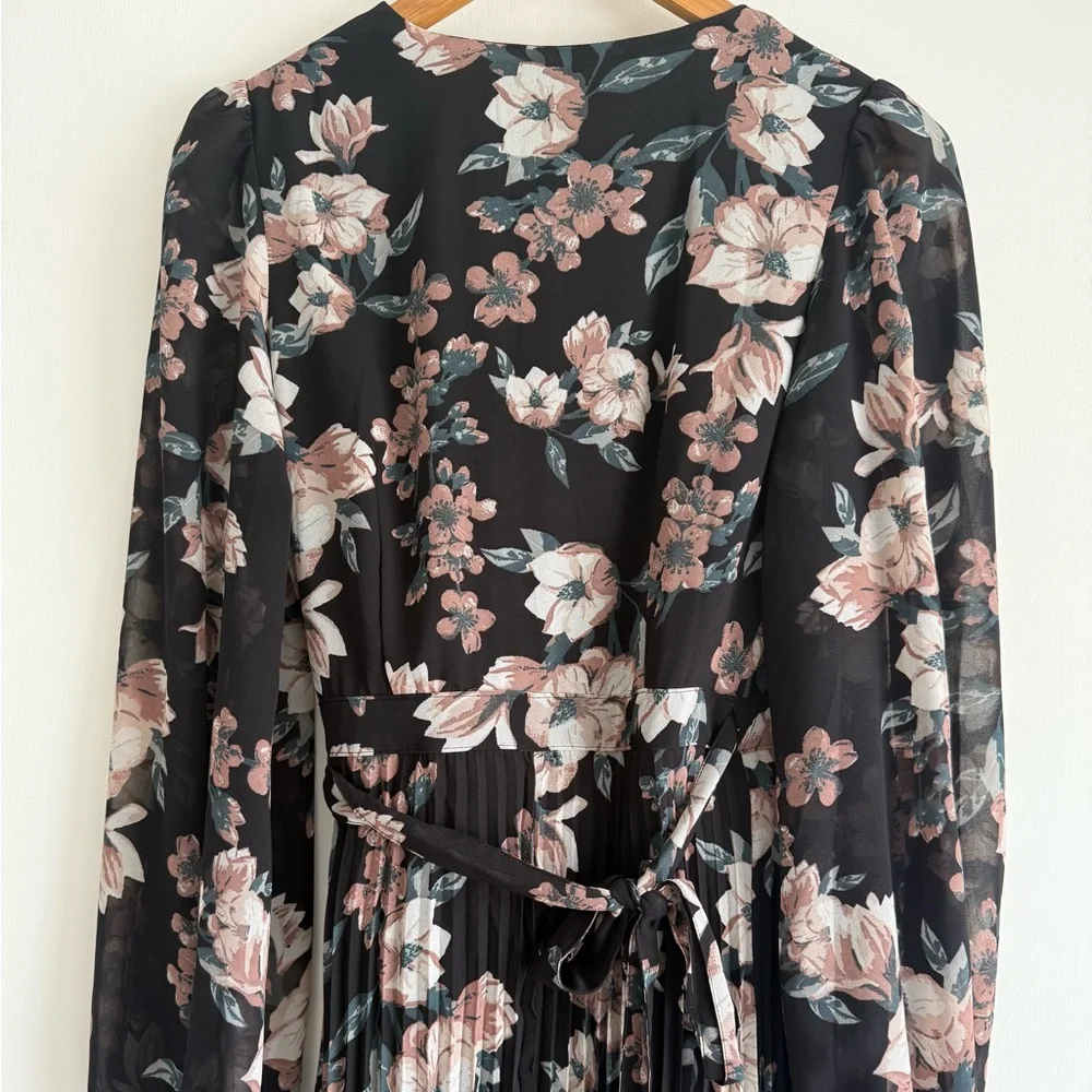 Lulu's Blooming Whimsy Black Floral Pleated Midi Wrap Dress - Picture 6 of 14